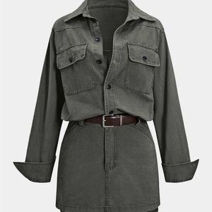 Dark Green Denim Button Pocket Belted Long Sleeve dress